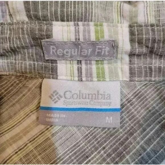 Columbia Men's Gray/White/Lime Green Striped Cotton Button Down Shirt - Picture 6 of 7
